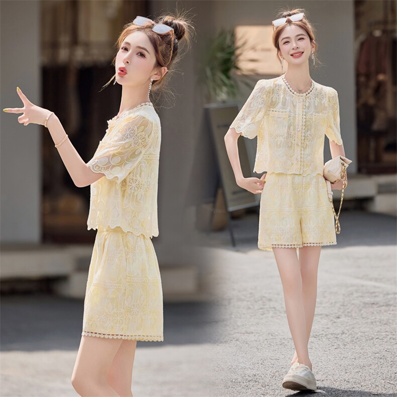2025夏季新款女装装新款小香风花边圆领短袖短裤套装两件套,女装套装/套裙,雅静靓衣