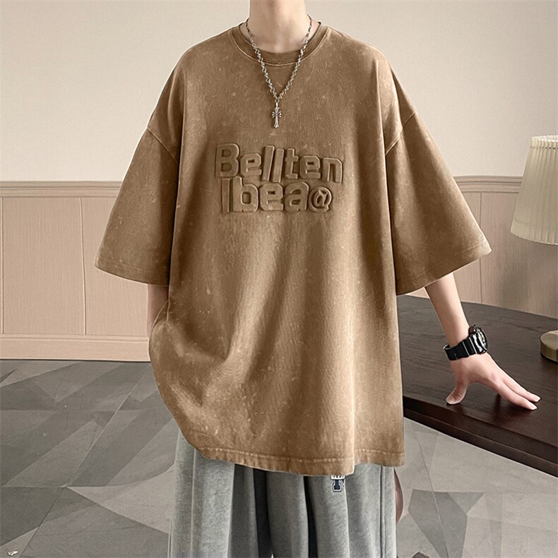 男装T恤复古压花240g水洗圆领宽松半袖B225-T9214-P50-X68，男装T恤，电商B225