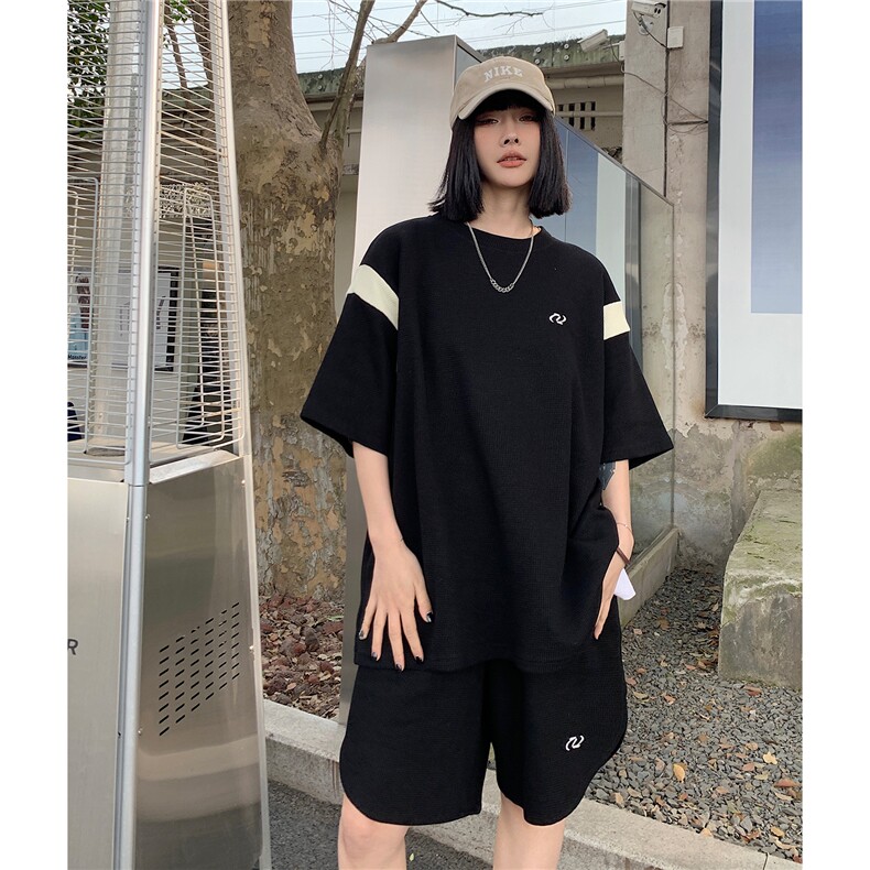 情侣装夏装新款华夫格撞色拼接套装男女宽松半袖T恤潮D295P68,男装T恤,电商A335-1（原A458）