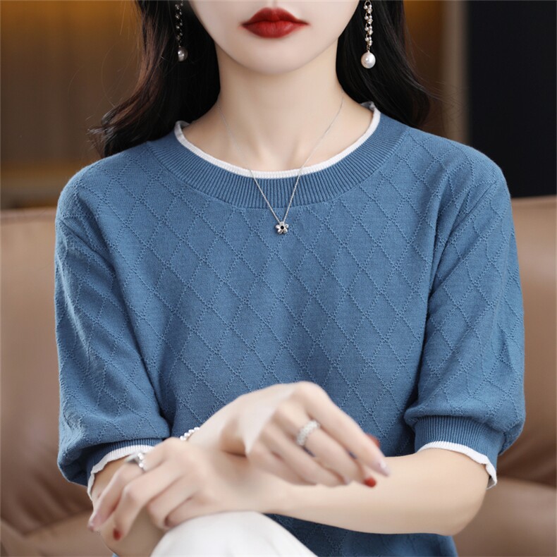 夏季新款拼色棉麻针织圆领短袖T恤女菱形百搭纯棉线宽松半袖上衣,针织衫/毛衣,斯美雅电商供货