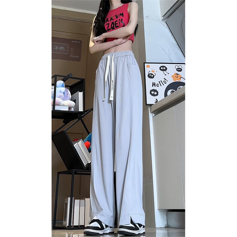 夏季款休闲直筒裤男美式高街垂感阔腿裤潮牌宽松百搭开叉冰丝长裤图片