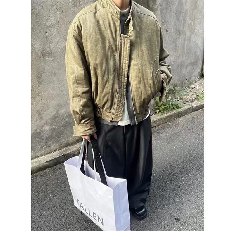 现货蜡洗龟裂纹两色高品质水洗做旧PU皮夹克W2509P128,男装夹克,电商C313