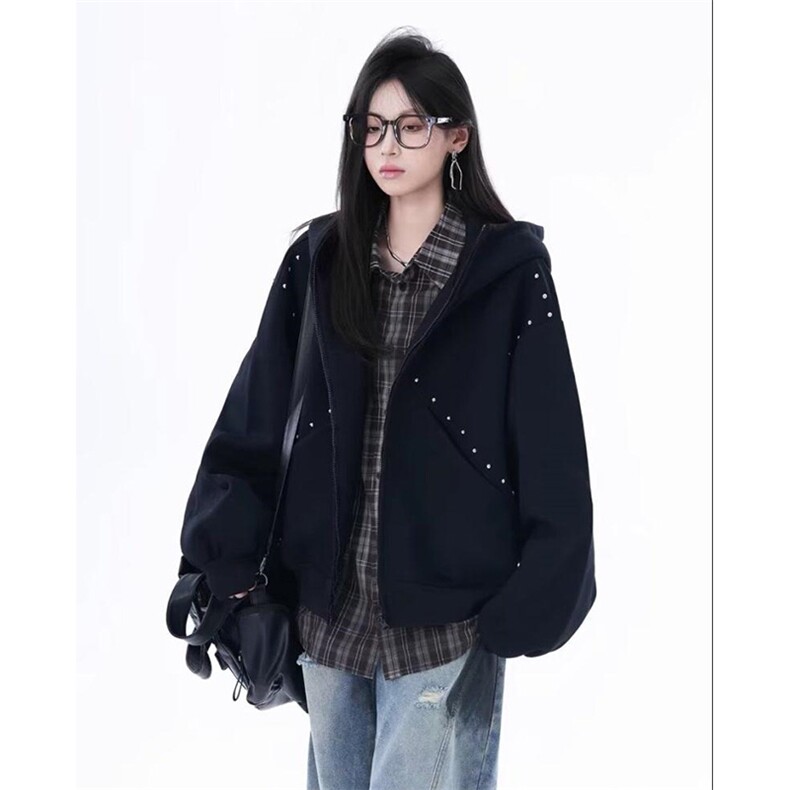 抖音得物高品质26春装美式高街铆钉杜宾犬耳朵开衫卫衣外套W125,女装短外套,电商A486-1