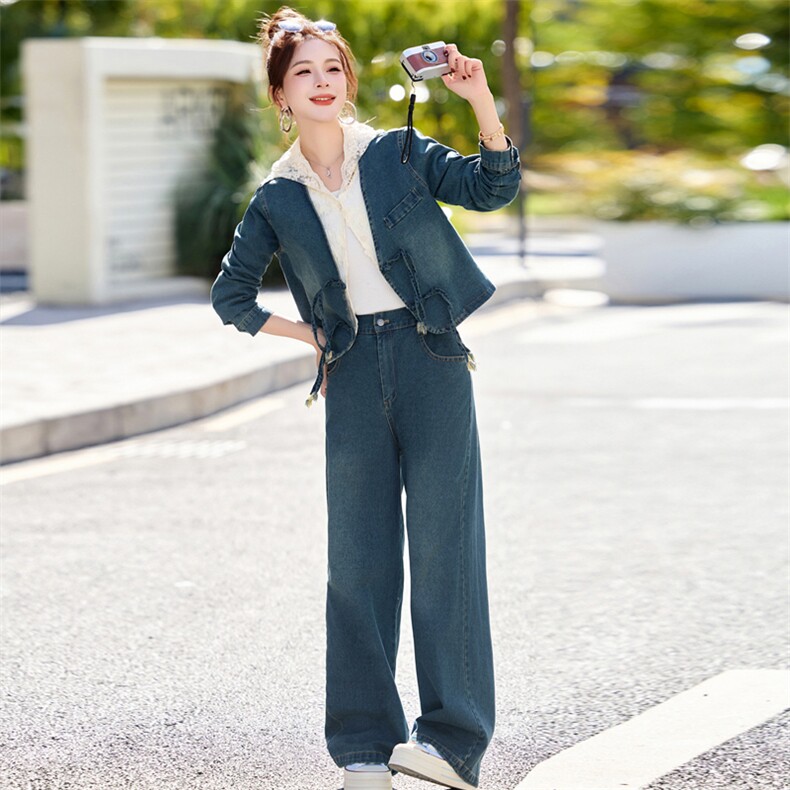新中式蕾丝拼接牛仔套装女2026春季新款复古盘扣时尚两件套潮,女装套装/套裙,欣品汇