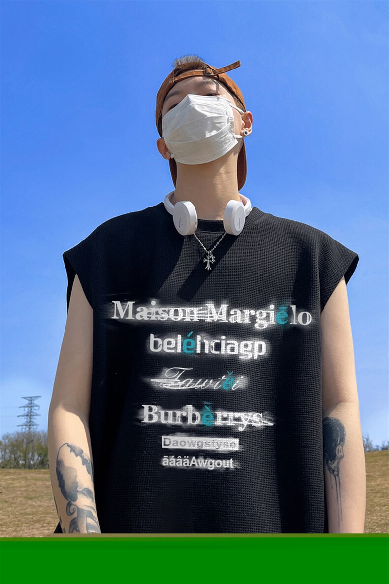 华夫格背心直播高品质重磅220克英文虚影印花HB7109-P25控38,男装背心/马甲,星座508（原C305）