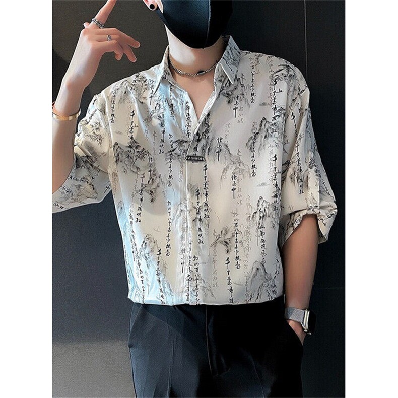 风水墨冰丝短袖polo衬衫男夏季新款五分袖新中式穿搭 CA685图片