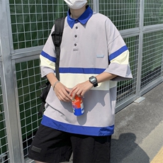 日系夏季新款POLO衫宽松短袖T恤男撞色拼接潮牌上衣PL087-P35，男装Polo衫，星座308B-1