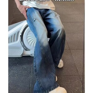美式街头复古蓝水洗扎染破洞牛仔裤男夏薄款阔腿直筒裤A8041-P52图片