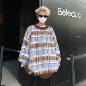 B205-P46 秋冬韩版复古宽松百搭针织衫慵懒风软糯设计感格纹毛衣图片