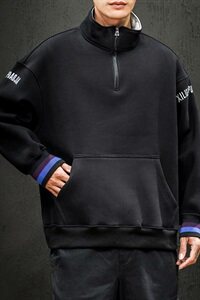 2019冬季新日系黑墙大码宽松刺绣立领拉链加绒加厚卫衣男W657-P60图片