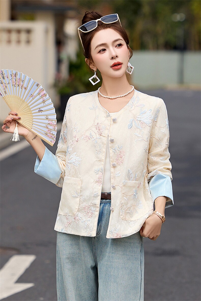 时尚蕾丝刺绣新中式国风外套女2025春夏新款薄款防晒长袖开衫上衣,女装短外套,伊仟回