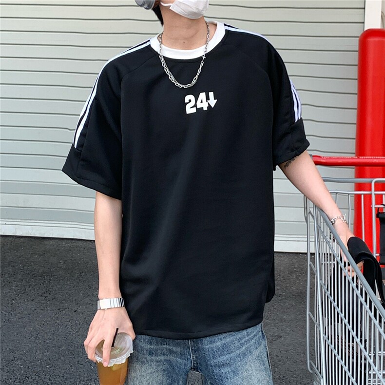 2026夏装新款薄款织带拼接短袖印花五分袖T恤T6606/特P30黑色,男装T恤,电商A094