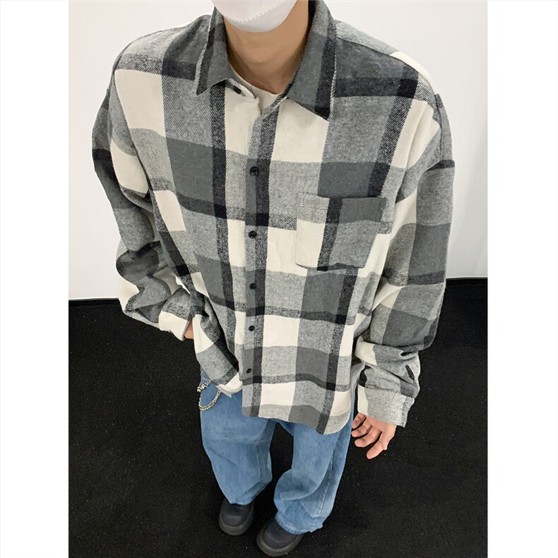 现货~磨毛加厚格子大码长袖衬衫C5892/特P25黑白格,男装衬衫,电商A094