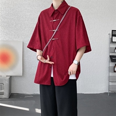 手缝飞机扣新中式冰丝短袖衬衫大码高级感唐装衬衣外套DC5009/P50，男装衬衫，电商B238