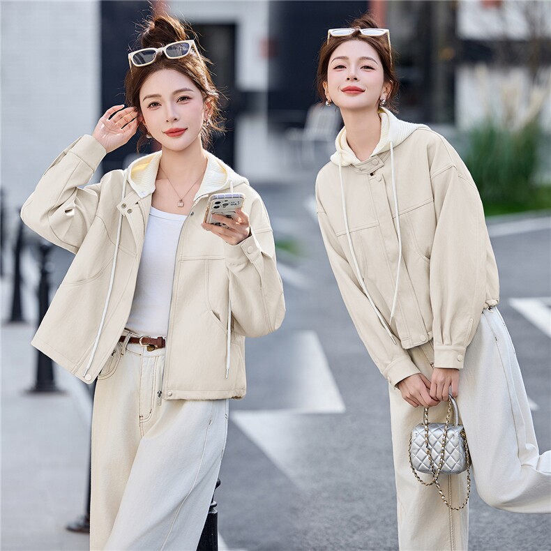 短外套女2026春秋新款时尚洋气减龄妈妈高级感连帽可脱卸夹克上衣，女装皮衣，江南女神