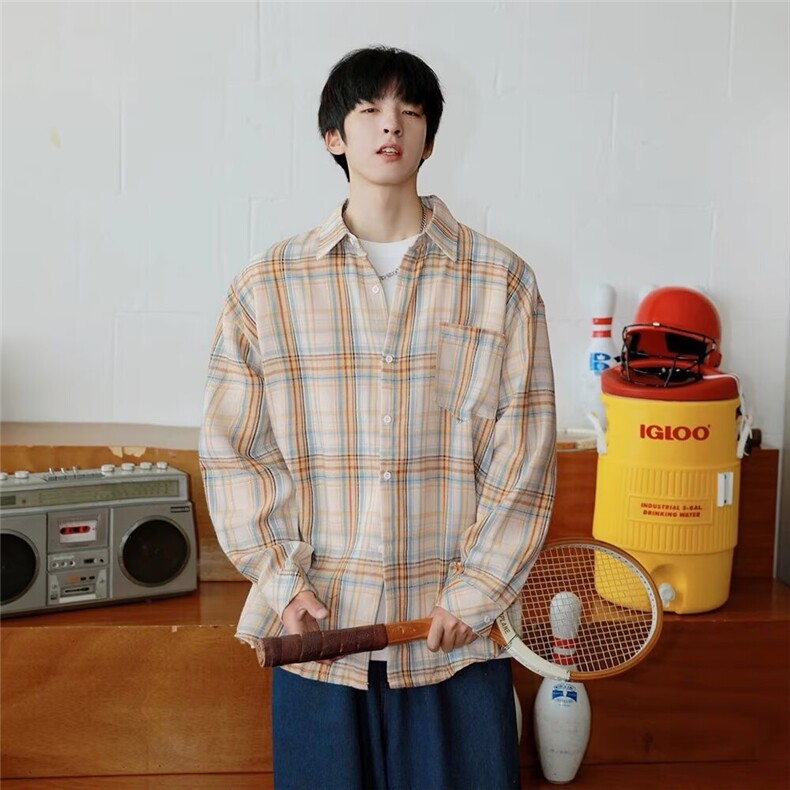 1506/QCS3150/P36杏色格子衬衫男长袖春夏cleanfit美式高级感外套,男装衬衫,星座1506