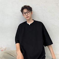 得物抖音品质二开240g重磅宽松纯棉美式高街金属小V领短袖T恤，男装T恤，电商A486-1