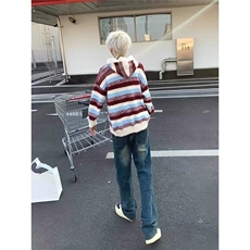 美式复古蓝白条纹连帽毛衣男女秋冬季慵懒风撞色高级感情侣针织衫，男装针织衫/毛衣，星座506A