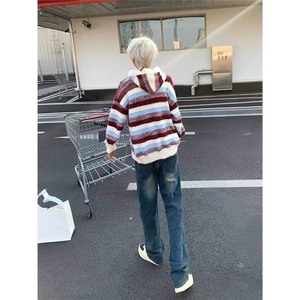 美式复古蓝白条纹连帽毛衣男女秋冬季慵懒风撞色高级感情侣针织衫图片