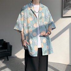 8XL-M冰丝凉感衬衣垂感透气复古花纹宽松男五分袖短袖衬衫CS526，男装T恤，电商D206-1