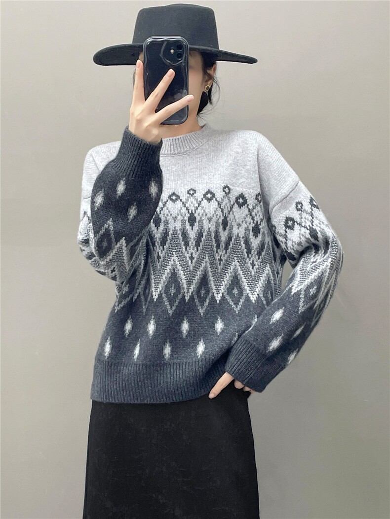 2025年秋季套头长袖宽松型时尚百搭通勤费尔岛，女装针织衫/毛衣，织绒羊