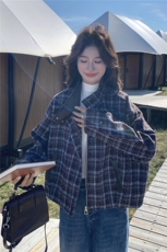 美式复古格纹毛呢外套女2025年秋冬超火好看高级小众加厚夹克上衣，女装短外套，2B237