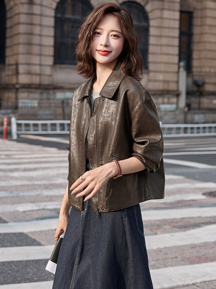 2025秋装新款简约时尚潮流摩登皮衣外套,女装皮衣,魅丽静蓝