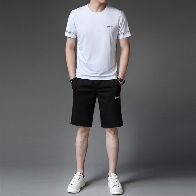 2023夏季新款冰丝中老年夏季休闲中年短袖t恤男运动衣服男装套装图片