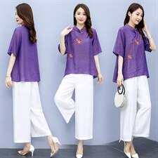 2021夏季新款简约气质圆领时尚图案刺绣复古盘扣装饰棉麻两件套，女装套装/套裙，韩宇舍