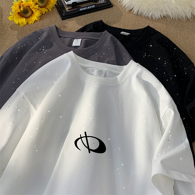 量大优供抖音视频支持得物配合二开美式满天星亮片短袖T恤MTX367,男装T恤,电商A486