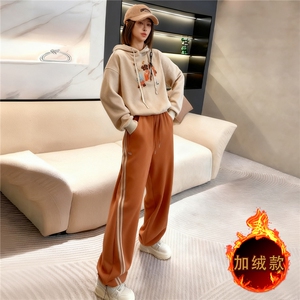 简约休闲百搭套装女秋冬新款撞色拼接连帽卫衣阔腿束脚长裤两件套图片