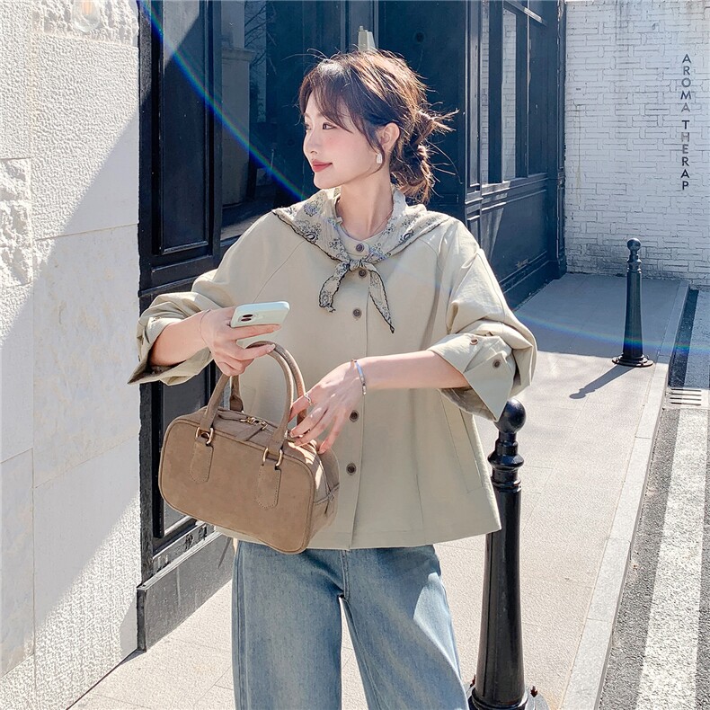 2026春装新品现货韩版清新气质短款风衣外套女送丝巾，女装短外套，苗苗