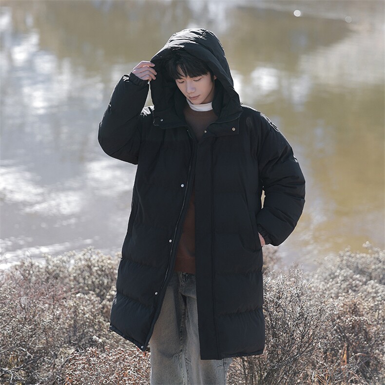 白鸭绒中长款羽绒服男士冬季加厚保暖2025新款连帽纯色百搭防寒服,男装羽绒服,电商A102