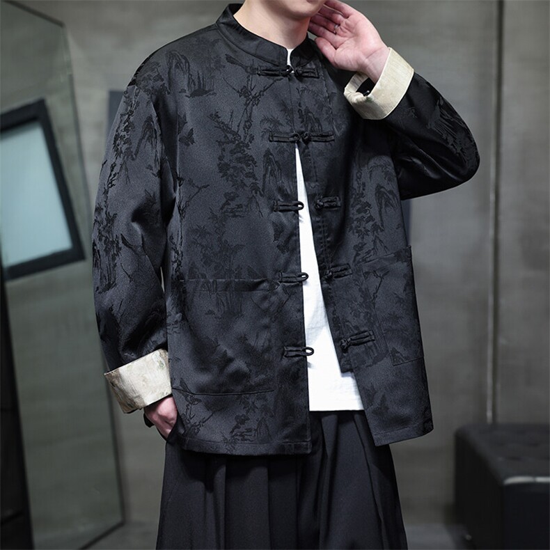新中式衬衫盘扣翻袖子花纹开衫男女长袖A021-KS513-P85控98,男装衬衫,电商A021