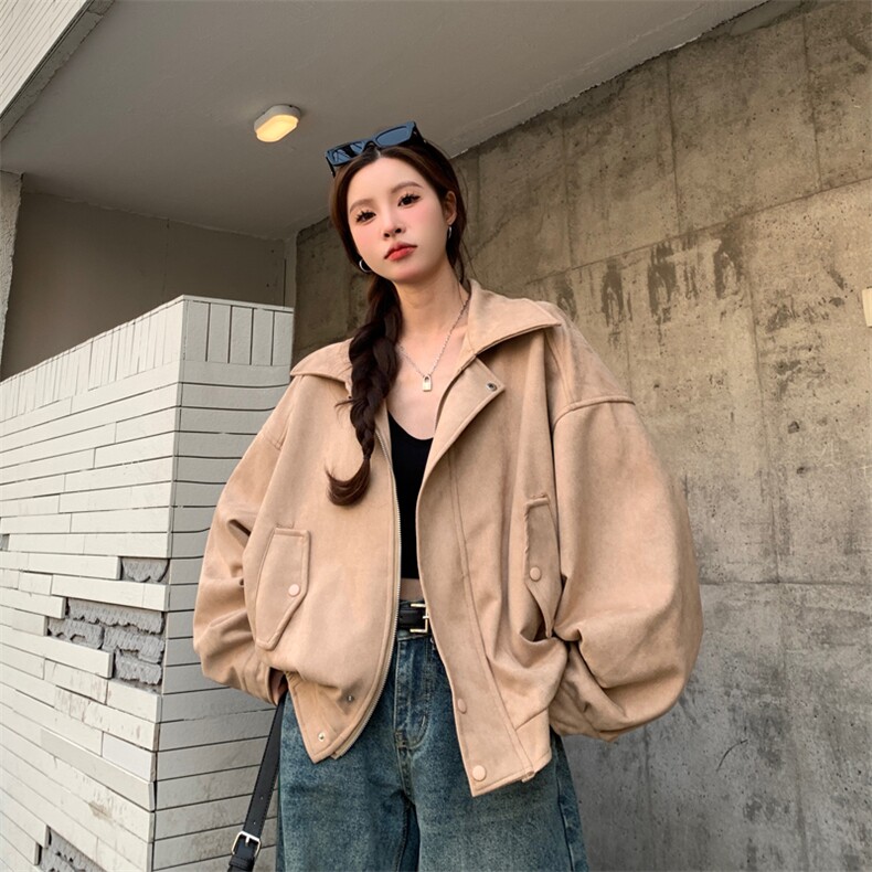 A198-P88 秋季双层内里麂皮绒夹克外套复古美式翻领宽松机车服图片