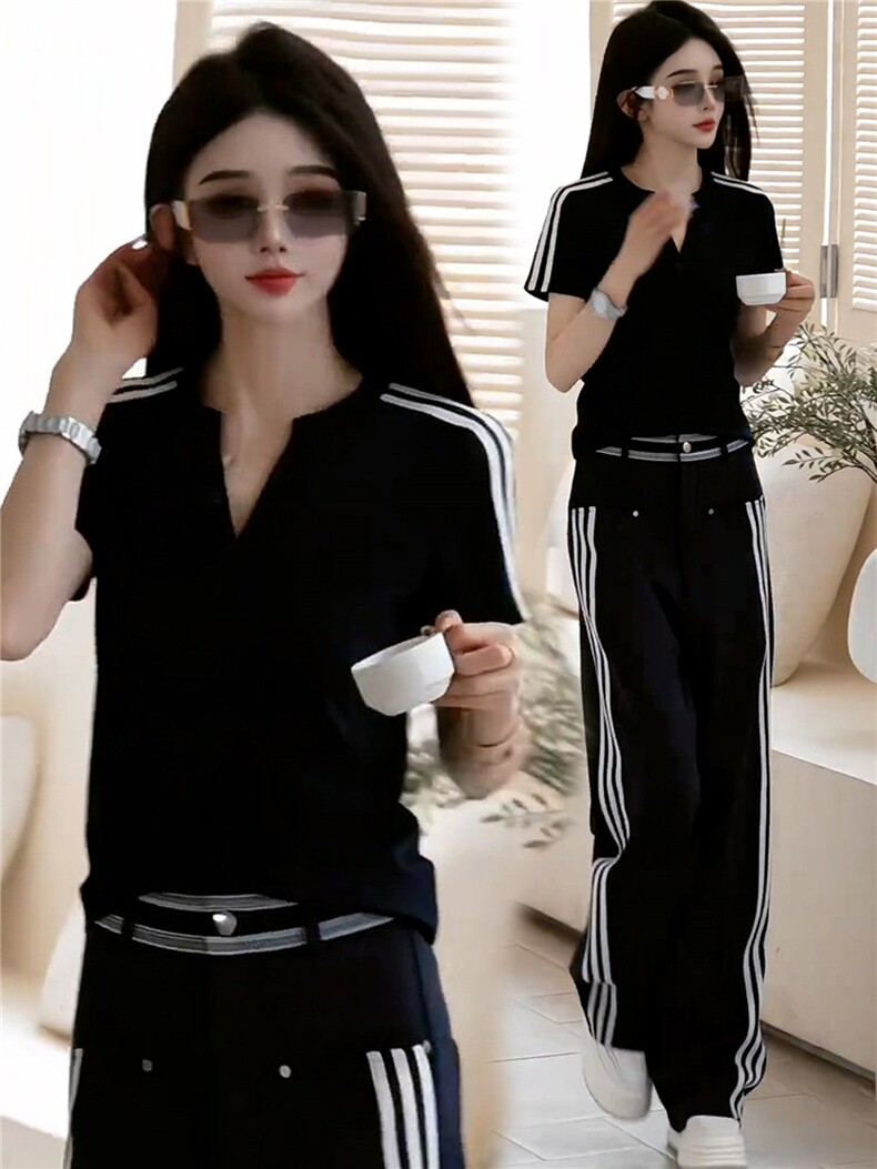 超火穿搭一整套时尚套装女夏季新款撞色拼接半开领上衣长裤两件套,女装套装/套裙,江南
