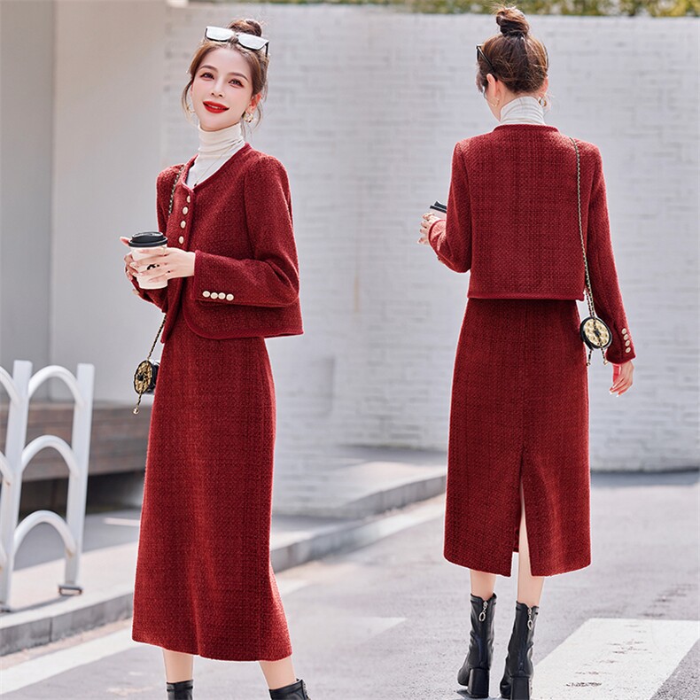 红色小香风套装裙女春秋2024新款修身显瘦洋气短外套半身裙两件套，女装套装/套裙，众宇琦
