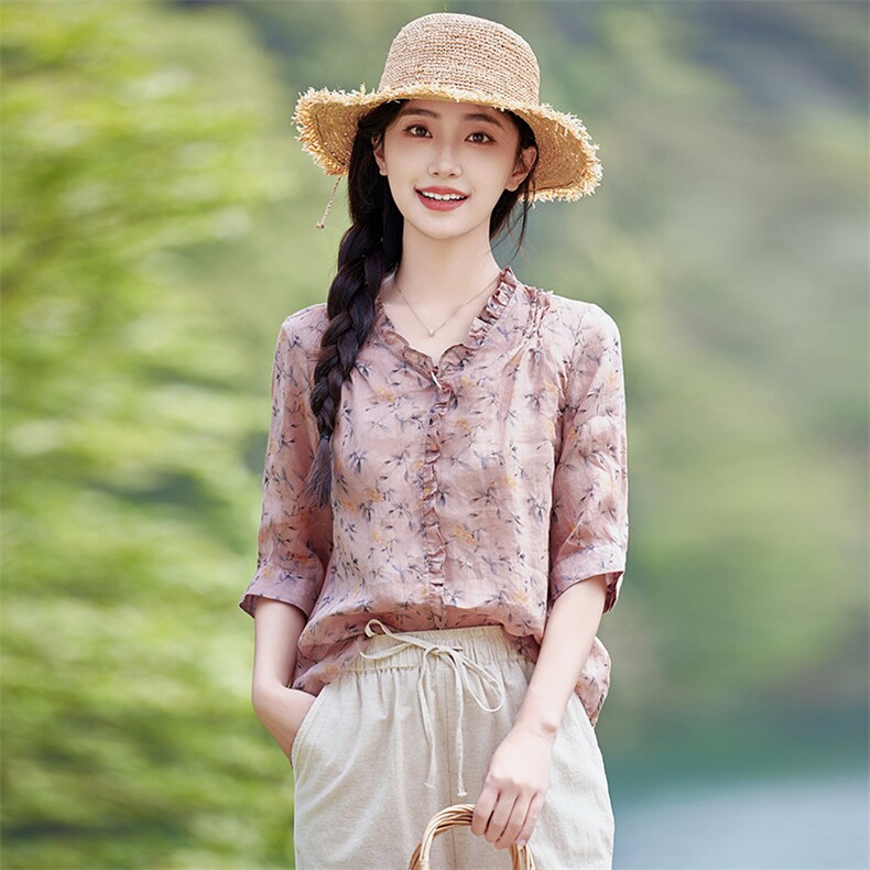 2026年春季女短袖宽松薄苎麻，女装衬衫，江南依恋