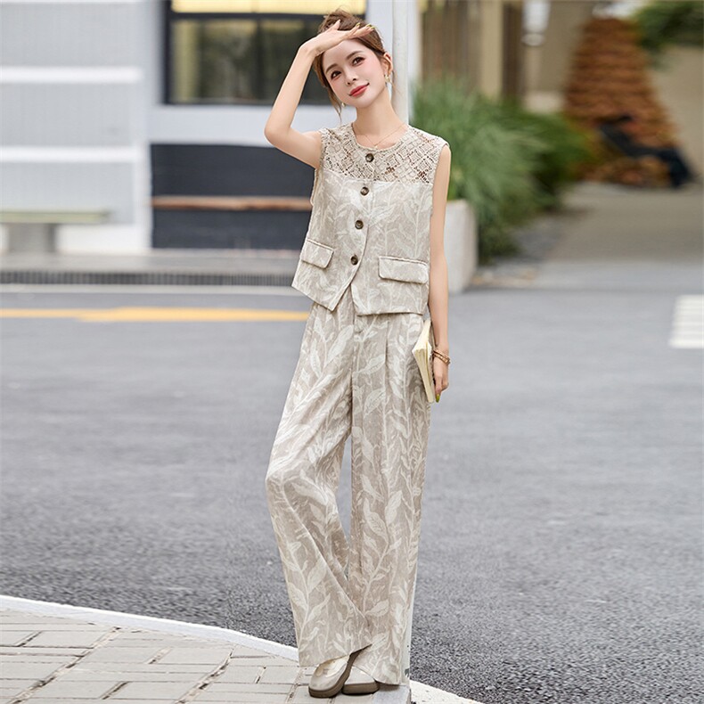 时尚镂空钩花马甲套装裤女2025夏季新款印花无袖西装阔腿裤两件套,女装套装/套裙,美沁