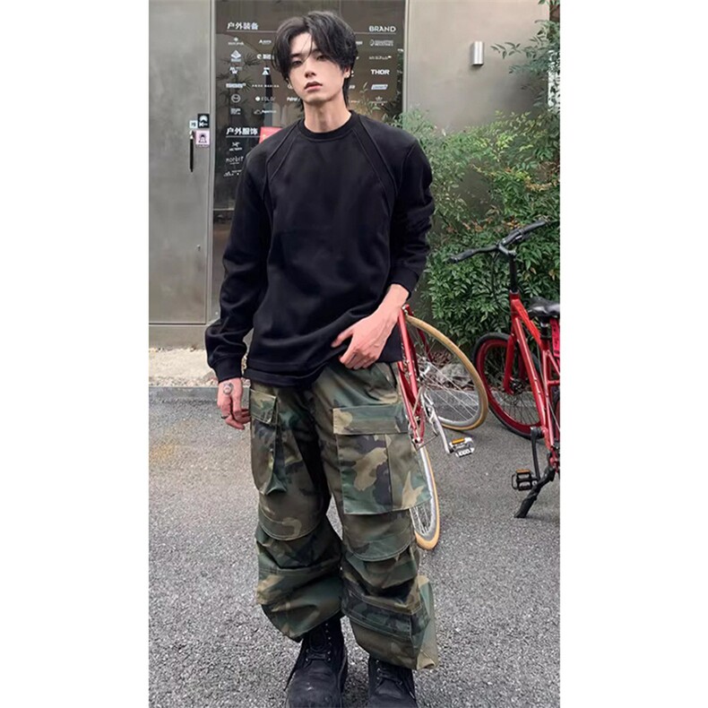 抖音得物品质26春装美式高街曼巴棉螺纹拼接卫衣圆领长袖T恤YT164,男装T恤,电商A486