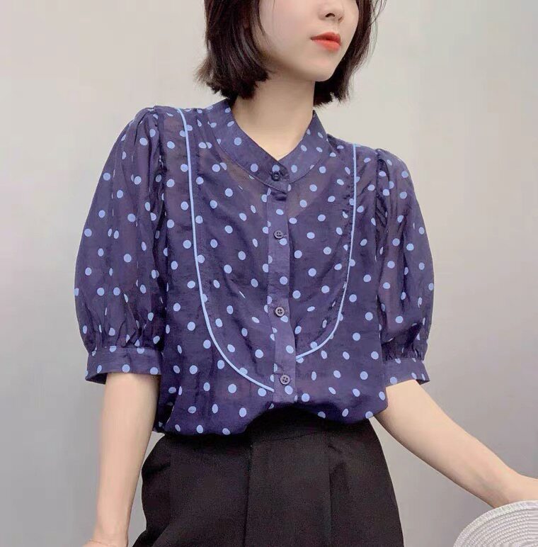 欧洲站2021夏季新款欧货女装宽松波点雪纺衫女泡泡袖洋气上衣,女装衬衫,潮品会