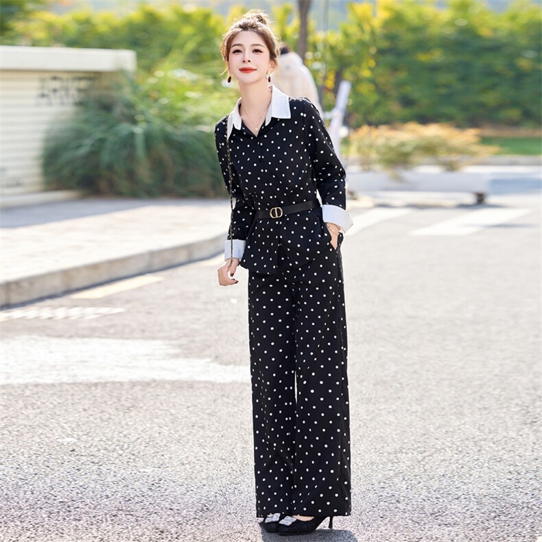 新款休闲时尚套装女2025秋装新款气质显瘦撞色波点两件套裤送腰带,女装套装/套裙,韩美纤衣