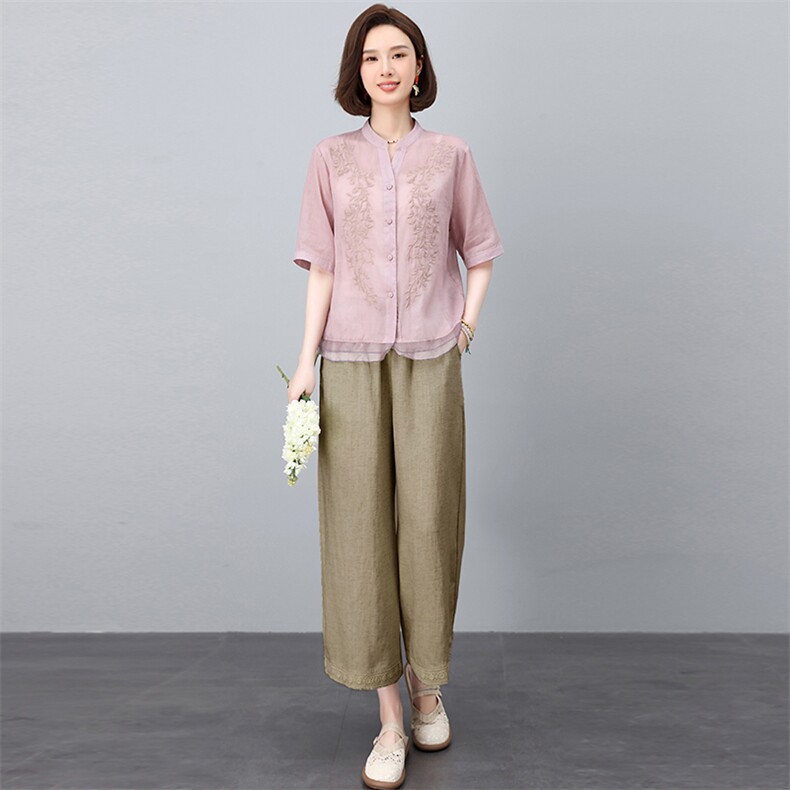 新中式2025夏季新款纯苎麻阔腿裤套装休闲两件套,女装套装/套裙,忆绮罗