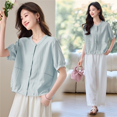 天丝短袖衬衫女夏季2025年新款妈妈休闲时尚减龄气质圆领小衫上衣，女装衬衫，木子恋