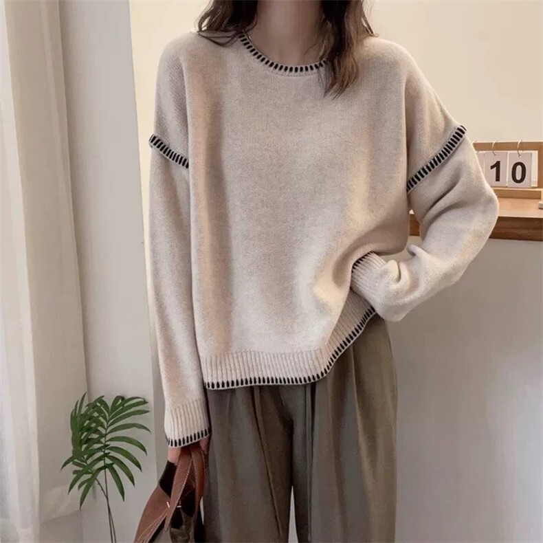 秋冬100%纯羊毛衫女圆领拼色加厚针织毛衣宽松慵懒风羊绒打底上衣,女装羊毛衫,圣旺供货