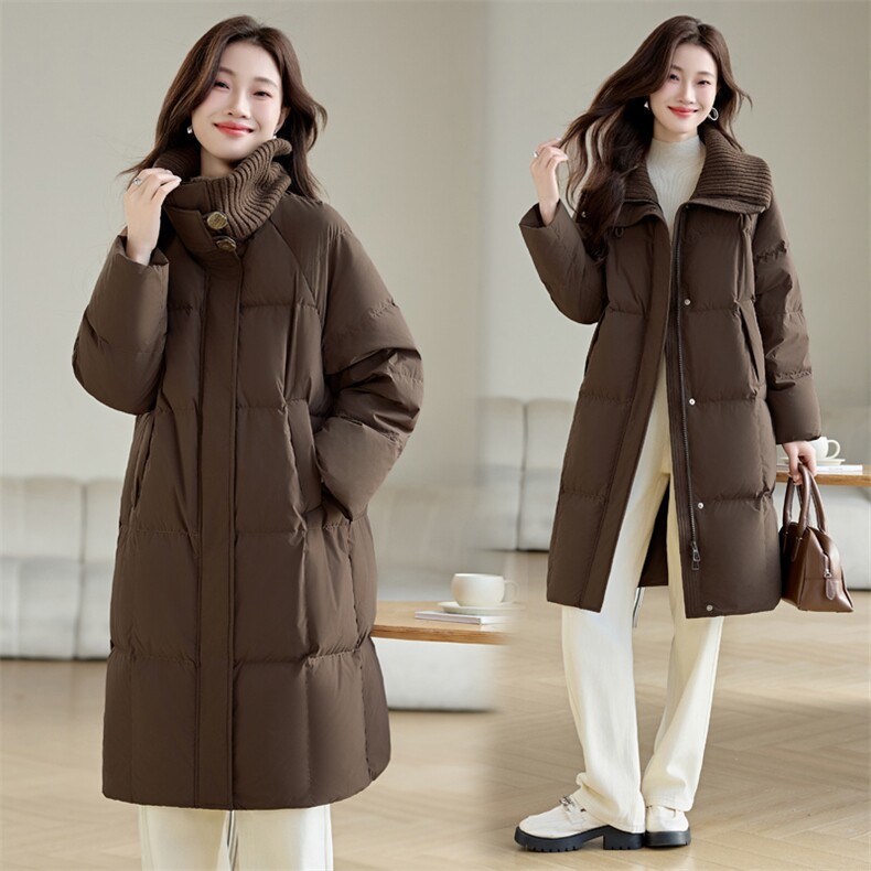 2024年冬季新款针织领拼接90白鸭绒羽绒服中长款女，女装羽绒服，辉之琳