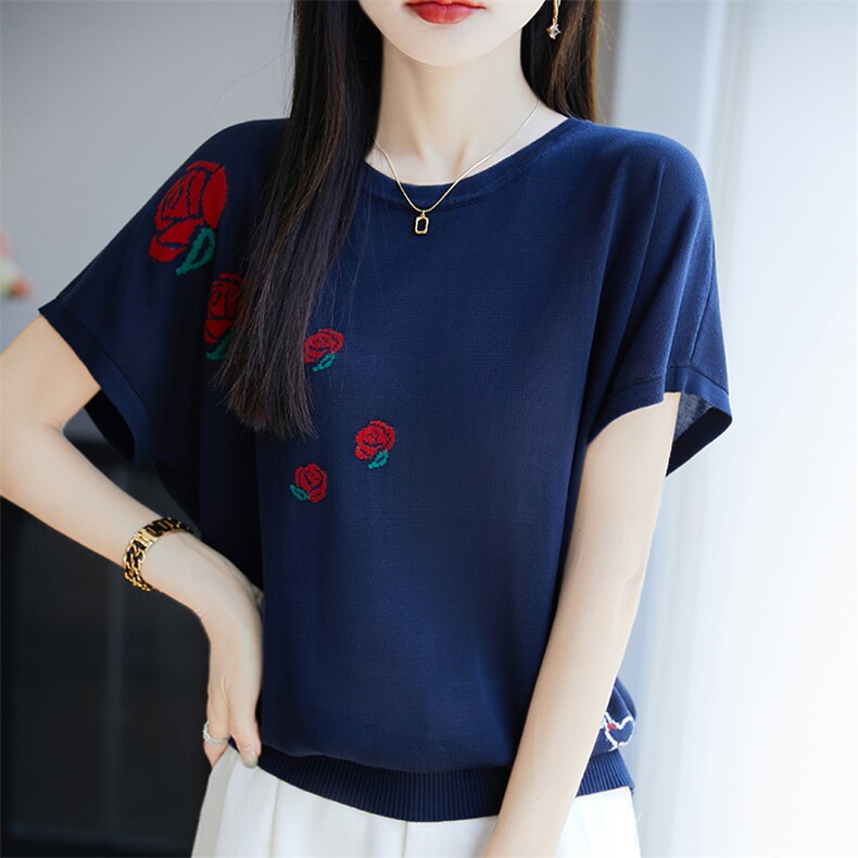 天丝圆领短袖T恤女2025夏季新款时尚百搭显瘦针织提花小衫薄上衣,针织衫/毛衣,郡淞羊绒