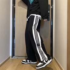 网图现货排扣休闲裤男夏季韩版潮流条纹拼色高街直筒裤RWK23-P38，男装休闲裤，星座1005-4