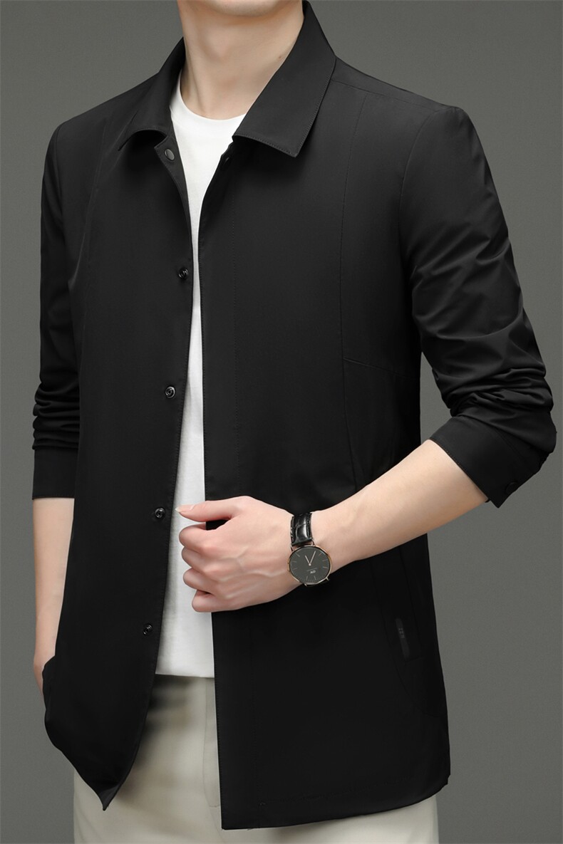 D33608春秋新款男士中长款风衣翻领外套简约通勤商务男装,男装风衣,电商B360