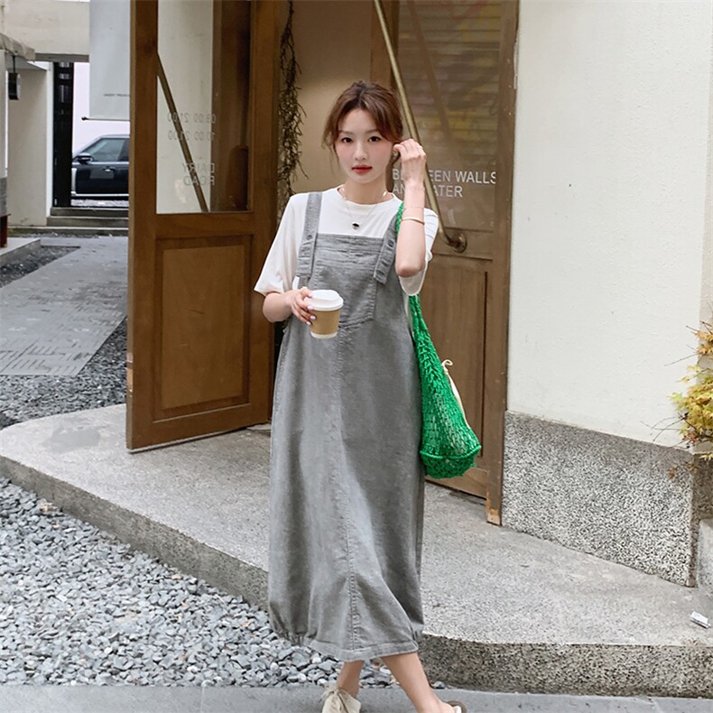 灰色工装背带裙套装女2025夏季新款韩系慵懒风宽松显瘦休闲连衣裙图片